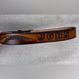 vintage hand tooled leather belt with a wheat pattern in size 32 “JOHN” brown